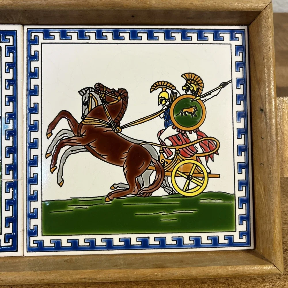 Vintage Greek Ceramic Tile‎ Art Trivet w/ Wood Frame Wooden Tray